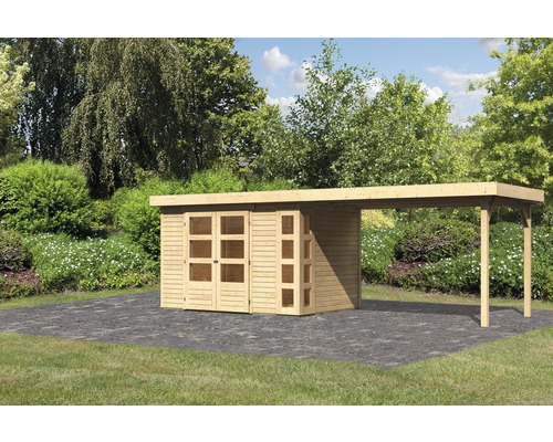 Abri de jardin Karibu Naomi 4 avec extension latérale de 2,80 m 557x209 cm naturel