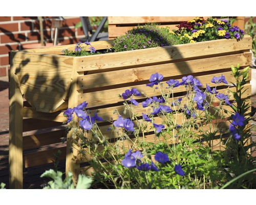 Holz-Hochbeet mit verschiedenen Blumen bepflanzt