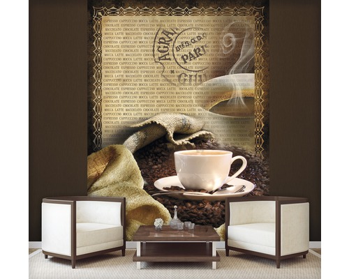 Fototapete mit Kaffeemotiv in einem modern eingerichteten Raum