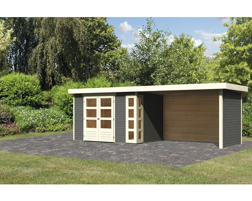 Gartenhaus Karibu Naomi 4 mit seitlichem Anbau 2.8 m und Seiten- und Rückwand 557x209 cm terragrau