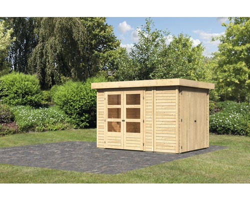 Abri de jardin Karibu Karola 2 avec armoire modulaire 317 x 238 cm naturel Armoire de jardin en bois avec double porte et porte simple dans le jardin