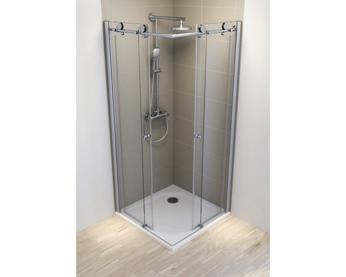 Cabine de douche d'angle avec ensemble de douche dans la salle de bain