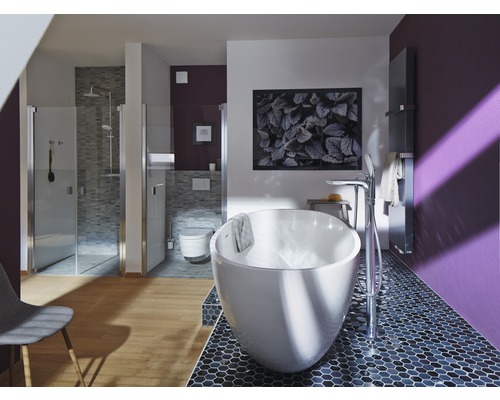 Salle de bain lumineuse avec baignoire îlot, douche et toilettes