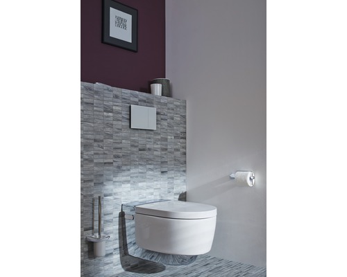 Salle de bains moderne avec WC suspendu, réservoir de chasse et porte-papier toilette