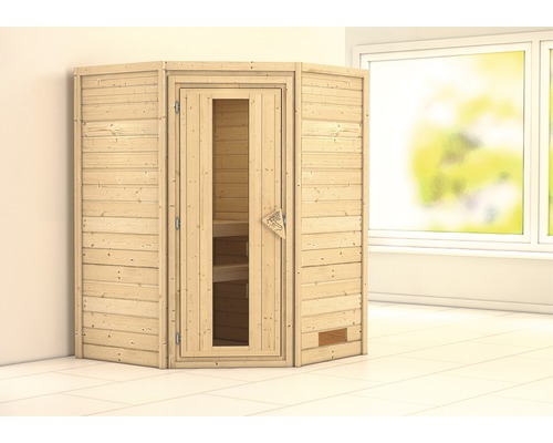 Sauna en madrier Karibu Flicja sans poêle ni couronne, avec porte en bois et verre isolé thermiquement