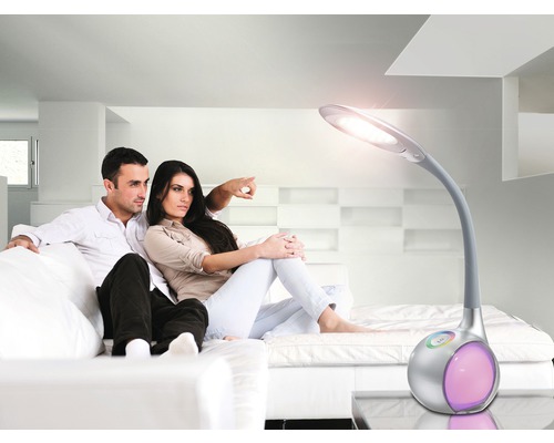 Lampe de table décorative avec col de cygne et fonction de couleur dans le salon avec un couple sur le canapé