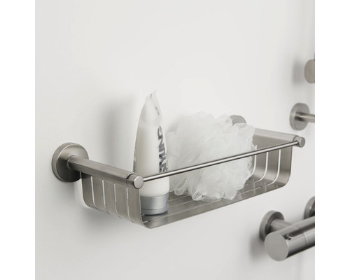 Étagère de douche en métal avec gel douche et fleur de douche