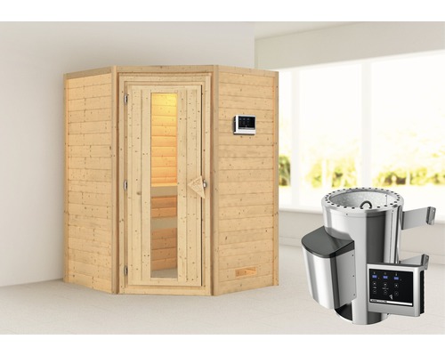 Sauna en madrier Karibu Flicja avec poêle Bio 3,6 kW et commande externe, sans couronne avec porte bois en verre isolé thermiquement