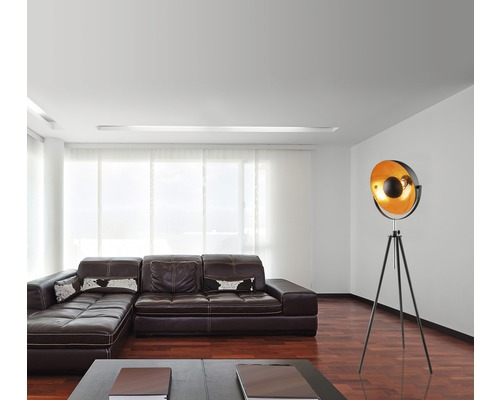 Wohnzimmer mit braunem Ledersofa und Stehlampe auf einem Stativ