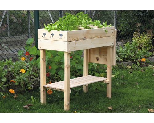 Hochbeet aus Holz mit Ablagefläche und bepflanzter Pflanzfläche im Garten