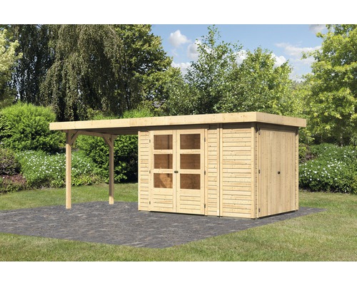 Abri de jardin Karibu Karola 4 avec armoire modulaire et extension de 2,80 m 543x217 cm naturel