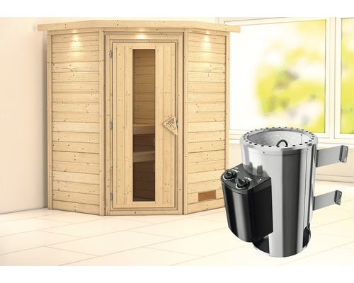 Sauna en madrier Karibu Flicja avec poêle 3,6 kW et commande intégrée, avec couronne et porte bois en verre isolé thermiquement