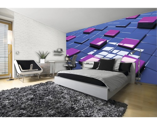 Chambre moderne avec papier peint photo géométrique, lit et bureau