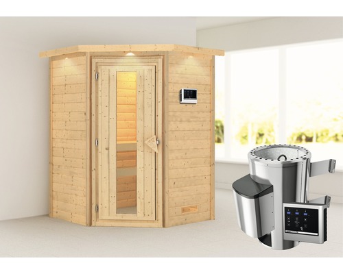 Sauna en madrier Karibu Flicja avec poêle Bio 3,6 kW et commande externe, avec couronne et porte bois en verre isolé thermiquement
