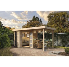 Abri de jardin avec coin salon et espace barbecue sur terrasse