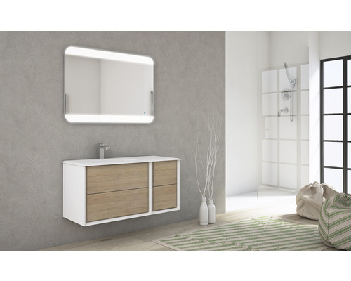 Salle de bains moderne avec miroir lumineux, meuble sous-lavabo et douche