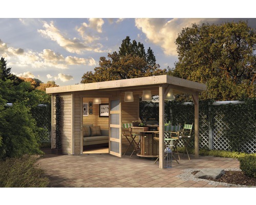 Abri de jardin Karibu Anvik 3 avec toit en appentis 467 x 238 cm gris terre Maison de jardin en bois avec terrasse couverte et aménagement paysager