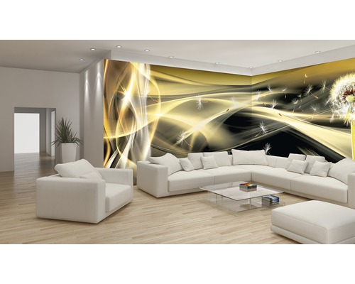 Wohnzimmer mit Fototapete mit Pusteblumenmotiv und weißen Möbeln