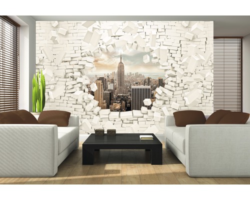 Salon avec papier peint photo New York aspect pierre