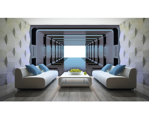 Salon moderne avec canapés blancs, table basse et décoration murale futuriste