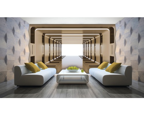 Salon moderne avec design mural futuriste, canapés et table