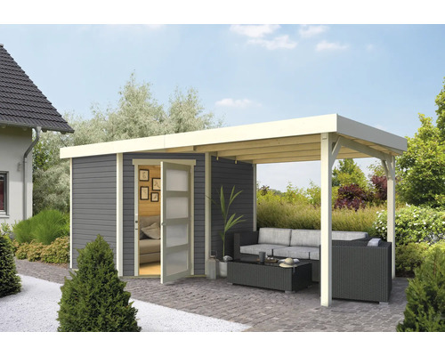 Abri de jardin Karibu Anvik 5 avec toit en appentis 493 x 262 cm gris terre Abri de jardin avec coin salon et meubles de terrasse sur surface pavée