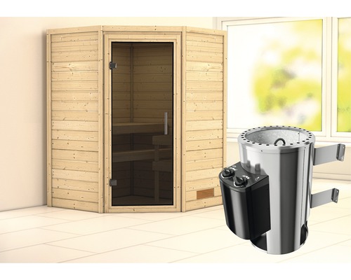 Sauna en madrier Karibu Flicja avec poêle 3,6 kW et commande intégrée, sans couronne, avec porte entièrement vitrée coloris graphite