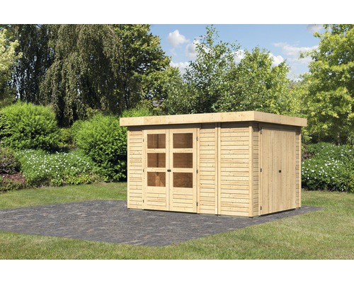 Abri de jardin Karibu Karola 4 avec armoire modulaire 342 x 262 cm naturel Abri de jardin en bois avec toit plat et double porte