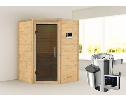 Sauna en madrier Karibu Flicja avec poêle 3,6 kW et commande externe, sans couronne, avec porte entièrement vitrée coloris graphite