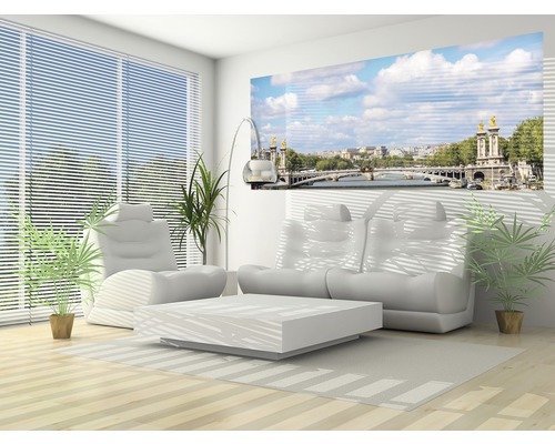 Helles Wohnzimmer mit Sofa, Sessel, Couchtisch, Zimmerpflanzen, Jalousien und einem Wandbild mit einer Stadtansicht