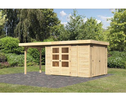 Abri de jardin Karibu Karola 4 avec armoire modulaire et extension de 2,40 m 537x238 cm naturel