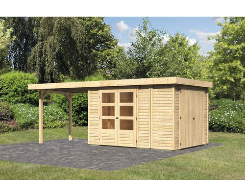 Gartenhaus Karibu Karola 4 mit Anbauschrank und Anbau 2.8 m 572x238 cm natur