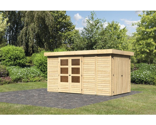 Abri de jardin Karibu Karola 5 avec armoire modulaire 404 x 238 cm naturel Abri de jardin en bois avec double porte et porte simple dans le jardin