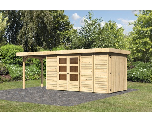 Abri de jardin Karibu Karola 5 avec armoire modulaire et extension de 2,40 m 629 x 238 cm naturel Abri de jardin Karibu Karola 5 avec armoire modulaire et extension de 2,40 m 629 x 238 cm naturel