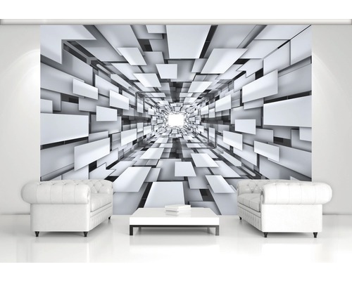 Salon avec papier peint photo à motif de tunnel géométrique