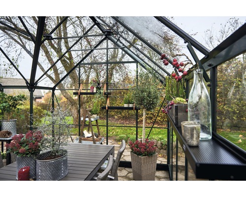 Serre avec plantes, table et chaises à l''intérieur, ambiance lumineuse et organisée