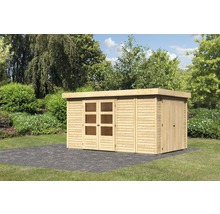 Abri de jardin en bois avec double porte et porte simple dans le jardin