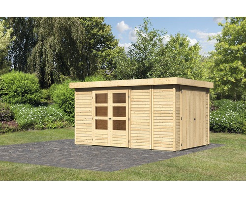 Abri de jardin Karibu Karola 6 avec armoire modulaire 404 x 262 cm naturel