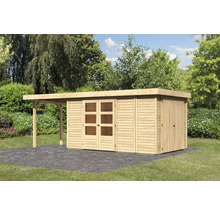 Holzgartenhaus mit Flachdach und Anbau auf gepflasterter Fläche