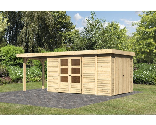Abri de jardin Karibu Karola 6 avec armoire modulaire et extension de 2,4 m 646 x 262 cm naturel Abri de jardin Karibu Karola 6 avec armoire modulaire et extension de 2,4 m 646 x 262 cm naturel