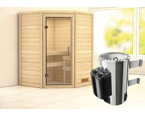 Sauna en madrier Karibu Flicja avec poêle 3,6 kW et commande externe, sans couronne, porte entièrement vitrée transparente