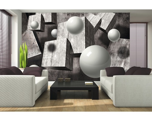 Salon avec papier peint photo avec des cubes et des sphères