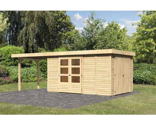 Abri de jardin Karibu Karola 6 avec armoire modulaire et extension de 2,80 m 636x246 cm naturel