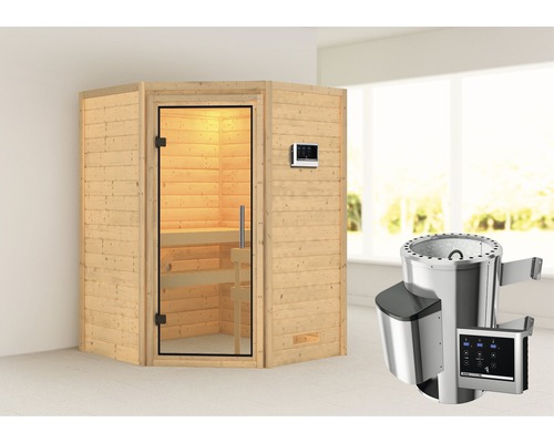 Sauna en madrier Karibu Flicja avec poêle 3,6 kW et commande externe, sans couronne, porte entièrement vitrée transparente