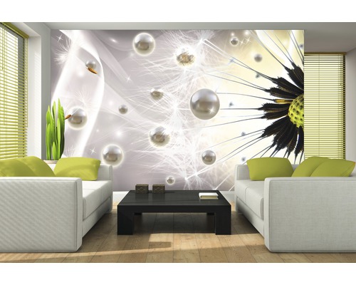 Salon avec papier peint photo à motif de pissenlit, canapés et table basse