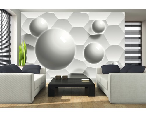 Wohnzimmer mit Tapete mit dreidimensionalen Kugeln und geometrischen Formen