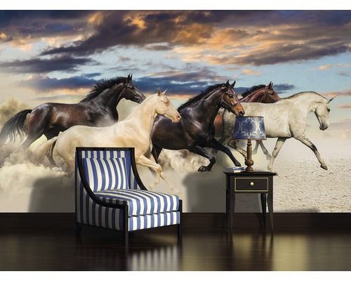 Fototapete mit Motiv von Pferden im Galopp in einem Wohnzimmer