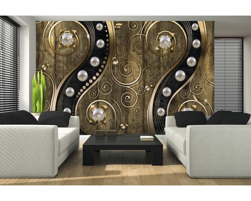Wohnzimmer mit Fototapete mit floralen Ornamenten, Perlen und Wirbeln