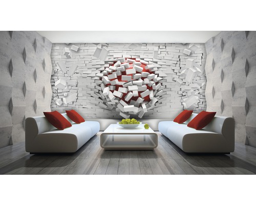 Salon décoratif avec papier peint mural en briques détruites