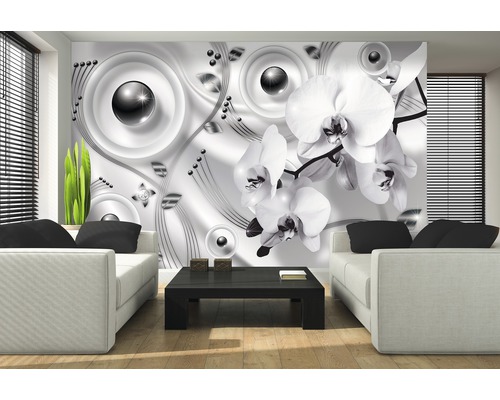 Salon avec papier peint photo à motifs floraux et géométriques